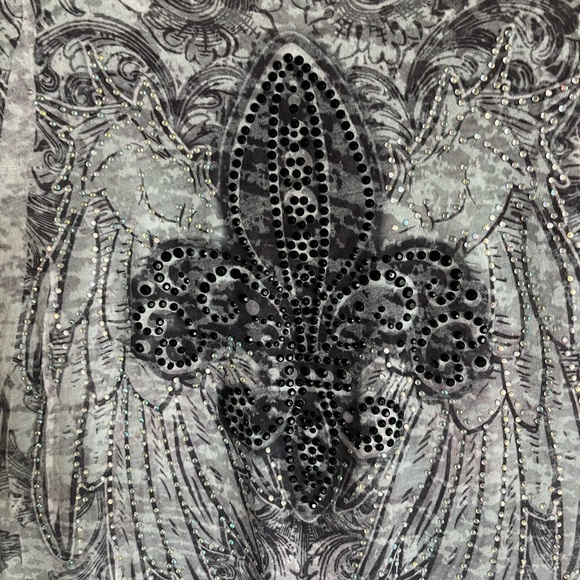 PARTY Sheer Women’s Fleur De Lis Rhinestone Burnout Long Sleeve Top Goth Concert - Picture 10 of 17